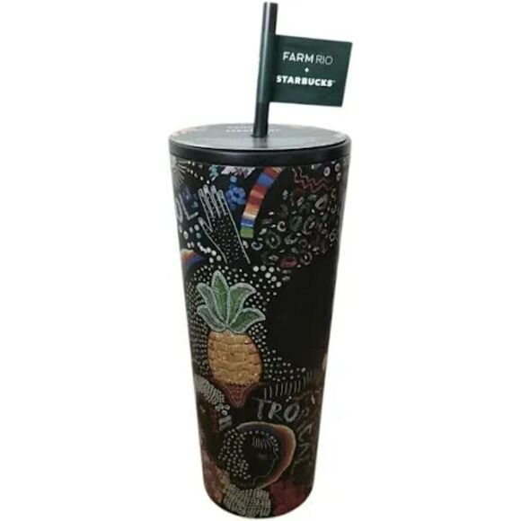 NWT Starbucks x Farm Rio Colorful Black Beadwork Stainless Cold Cup Tumbler - Picture 2 of 4